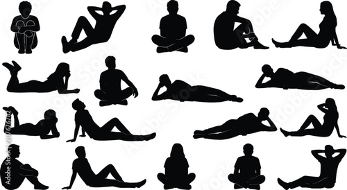 Fotografie Collection of men and women silhouettes sitting, lying down, and resting in casu