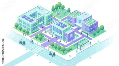 Futuristic eco-friendly urban neighborhood featuring solar-powered buildings and green communal spaces for sustainable city living