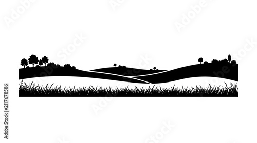 Konstfotografi Rolling hills and distant trees are depicted in a layered silhouette landscape with foreground grass, all presented in black against a pristine white background