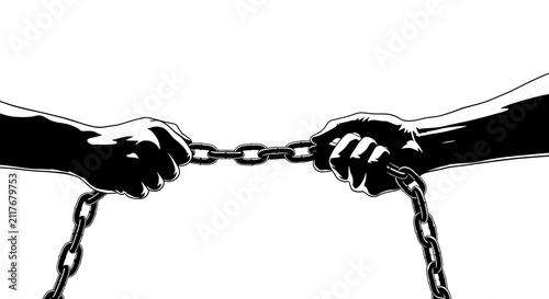 Conceptual Illustration of Two Hands Pulling a Heavy Metal Chain in a Tug of War Conflict