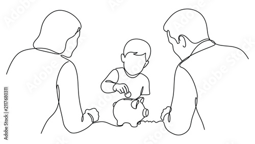 Continuous line drawing of a family teaching a child to save money in a piggy bank.