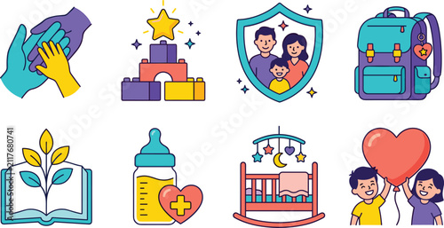 Canvastavla Family care and childcare vector icon set featuring family protection baby crib