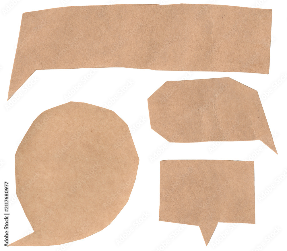Fototapeta premium Collection of brown paper speech bubbles in various hand-cut shapes isolated on a transparent background ideal for craft creative dialogue and design projects