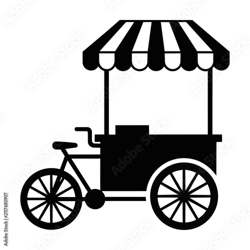 Minimalist black silhouette icon of a vintage mobile bicycle food cart with striped canopy and oversized wheels, isolated on white. Mobile food business concept