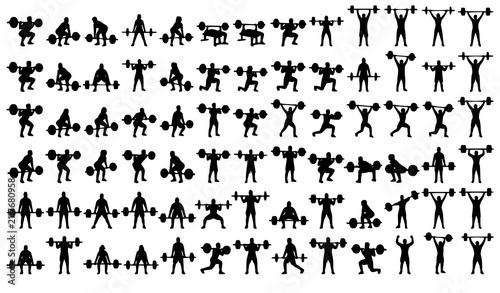 Quadro su tela People Lifting Barbell Weights Black Silhouette Vector Collection Fitness Exerci