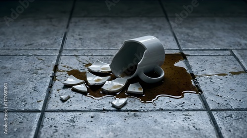 Broken white ceramic coffee mug shattered on a dark tile floor with spill