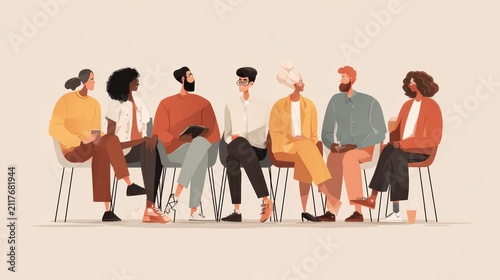 Business meeting scene, diverse group, flat design style, soft colors, no logos or words