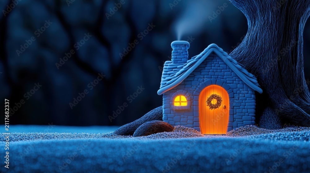 Fototapeta premium Cozy stone cottage glowing warmly in snowy enchanted forest at blue hour