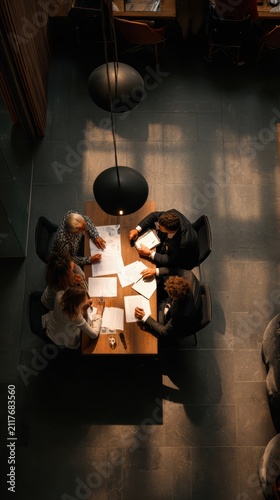 Multicultural business team meeting in a minimalist cafe, documents on table, focused discussion, cinematic lighting 