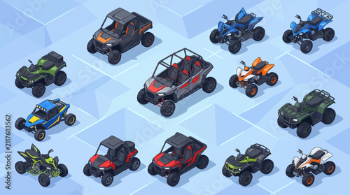 A vibrant collection of off-road utility vehicles showcasing various designs and colors for outdoor adventures and rugged