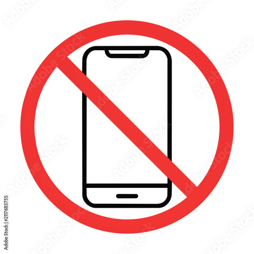 Minimalist monoline icon of a stylized smartphone encircled by a prohibition symbol, isolated on a white background, representing a digital detox concept