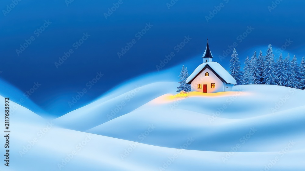 Fototapeta premium Snow-covered alpine chapel glowing at golden hour during snowstorm