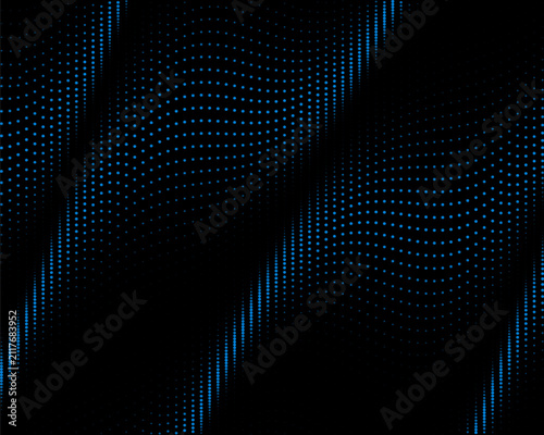 Abstract background featuring wavy pattern of glowing bright blue dots on dark wallpaper.

