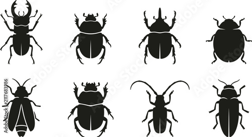 Foto Beetle and insect silhouettes set featuring stag beetle, scarab, rhinoceros beetle, ladybug, and longhorn beetle