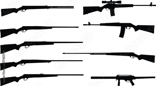 Obraz na plátne Collection of rifle and shotgun silhouettes vector set isolated on white backgro