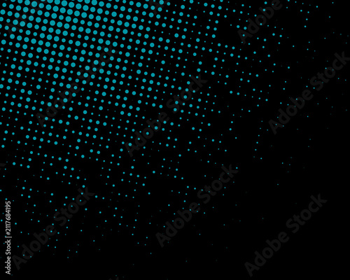 Blue halftone dots fading from top left corner into deep black space creating radial glow.
