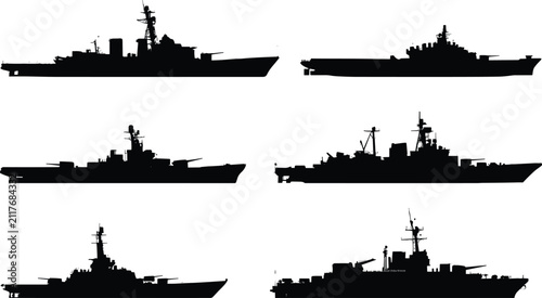 Foto Military Warship Silhouette Vector Collection Featuring Navy Battleships Frigate