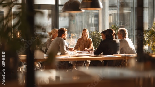 Professional meeting in a bright clean cafe, diverse group reviewing papers and notes, realistic textures, shallow depth of field 
