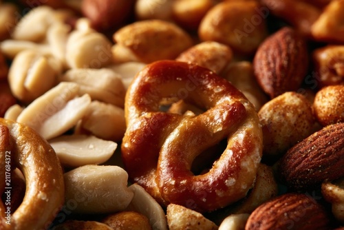Close-up view of assorted snack mix with pretzels, peanuts, and almonds