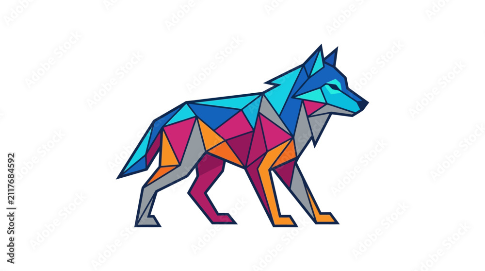 Obraz premium Geometric wolf illustration with vibrant multicolored polygons, symbolizing nature and wildness in a modern art style