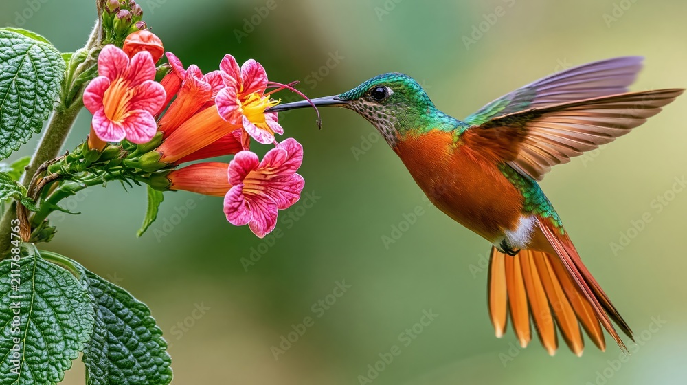 Fototapeta premium Hummingbird hovering mid flight sipping nectar from pink orange flower