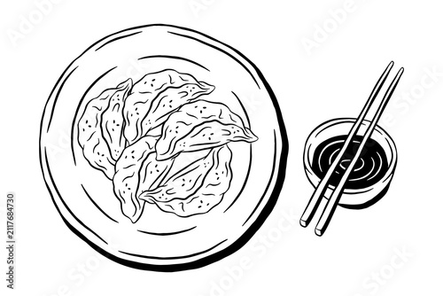 Gyoza dumplings on plate with sauce hand drawn vector illustration isolated on white background