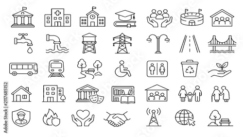 City Infrastructure Icons Set – Public Services, Buildings and Transportation