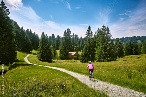 Attractive senior woman riding an electric bicycle on a mountain biking tour through sunny alpine meadows and scenic mountain landscapes above Balderschwang, Allgäu Alps, Bavaria, Germany.