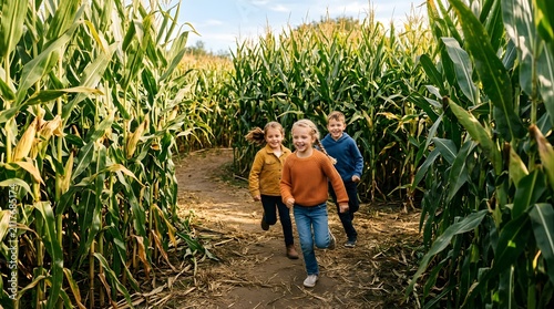 Happy children running through a corn maze on a sunny autumn afternoon