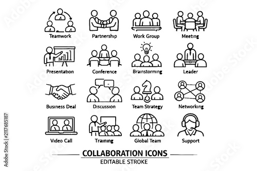 Collaboration Line Icons Set – Teamwork, Communication and Business Cooperation