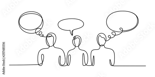 Three people talking with speech bubbles continuous line drawing