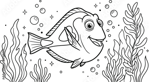 Cute blue tang fish swimming in the ocean coloring page for kids and adults