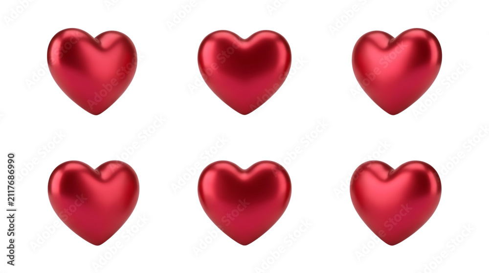 Fototapeta premium A collection of six glossy red hearts arranged in a grid pattern representing love and romance isolated on transparent background