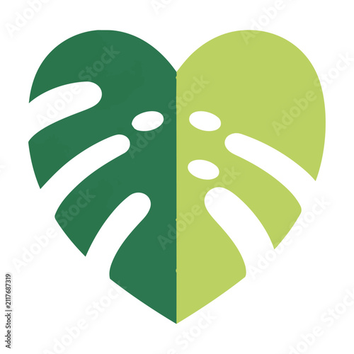 Minimalist monstera leaf icon with heart shaped silhouette and geometric cutouts isolated on white background, botanical design concept