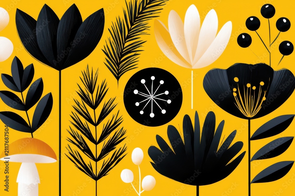 Abstract Nordic botanical pattern with black white and yellow floral elements