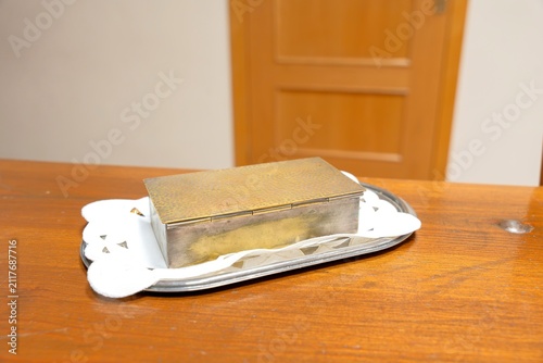 Фотография Religious metal box on altar holding sacred sacrament