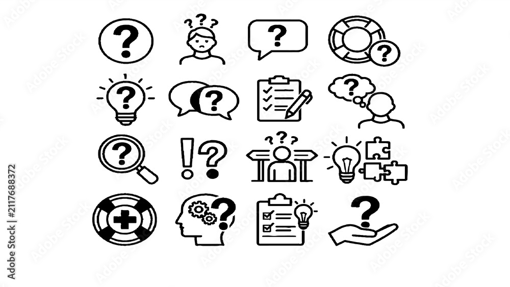 Fototapeta premium Problem Solving Line Editable Icon Set with Questions, Ideas and Decision Making Symbols