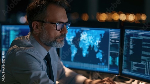 Focused male analyst monitoring cybersecurity data on multiple monitors