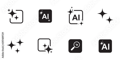 AI generate with square and stars icons. Vector symbols for artificial intelligence and creativity apps. Sparkles generate prompt. AI Sparkle Icon Set. Set of AI icons with Magnifying Glass vector.