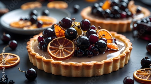 A sumptuously crafted pear tart, meticulously topped with plump black currants and delicate dried orange slices. This delectable dessert, fit for a fine dining establishment