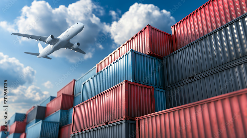 Fototapeta premium Cargo Airplane Flying Over Stacked Shipping Containers Under Blue Sky
