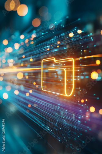 digital render of a secure folder synchronization process. A translucent glowing document icon is positioned among hundreds of sparkling blue data cables and golden light trails in a fast-moving 