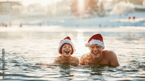 Father and child enjoying exhilarating cold water swim, laughing in Santa hats, celebrating festive winter tradition