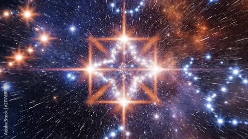 Dynamic cosmic journey through a vibrant starfield with abstract light formations and geometric patterns