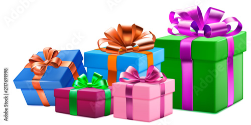 Festive illustration with several colored gift boxes with ribbons and bows