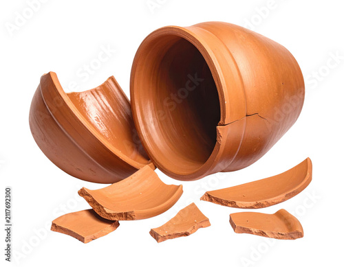 Broken terracotta clay pot in pieces