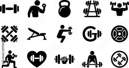 Gym and Fitness Icon Set for Weightlifting and Bodybuilding Design
