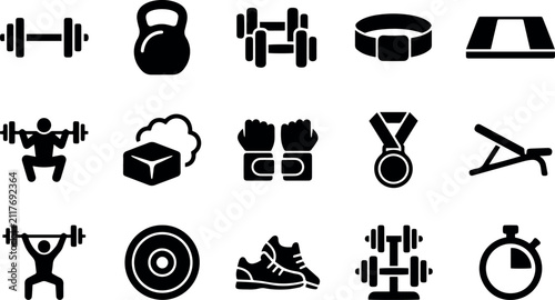 Gym and Weightlifting Equipment Icon Set for Fitness and Bodybuilding