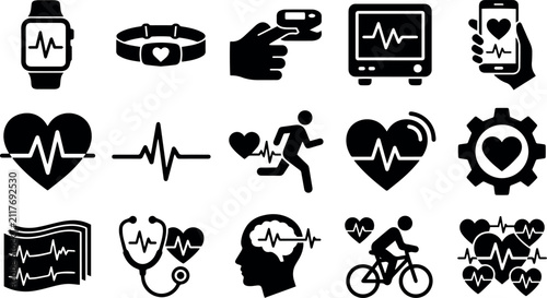 Heart Rate Monitoring and Health Tracking Icons for Medical and Fitness Use