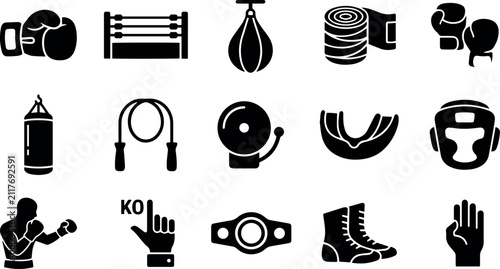 Professional Boxing and Combat Sports Icon Set: Equipment and Training Gear Vectors